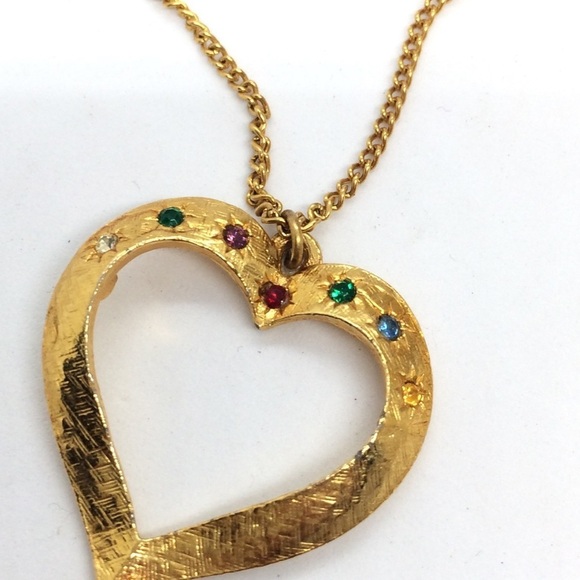 VINTAGE GOLD TONE HEART JEWEL TONE RHINESTONES NECKLACE - Picture 10 of 13